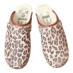 SIMSON Women's Holland Clog Wood Leather Leopard Print Orthopedic Size 37